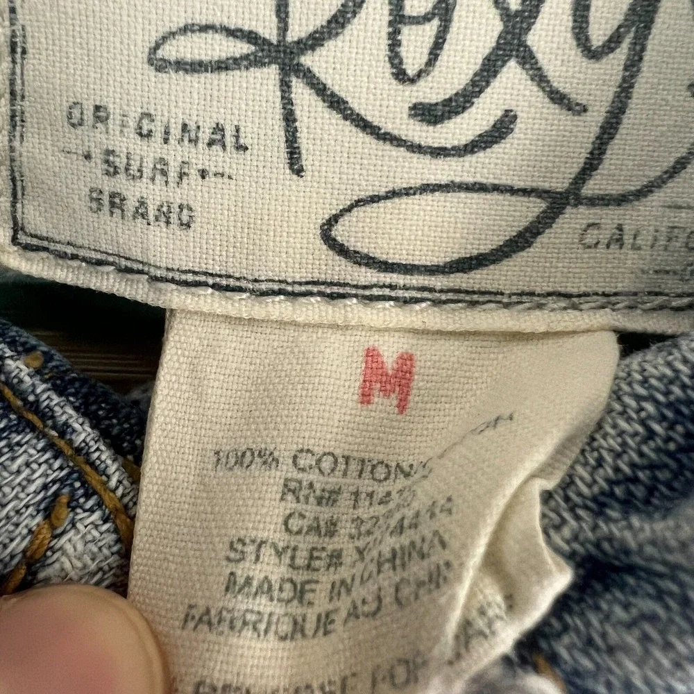 Roxy Crop Jean Jacket Womens Size M Blue Cotton Denim Distressed‎ Light Vtg Wash